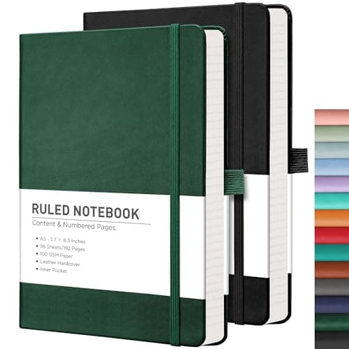 RETTACY Lined Journal Notebook, 2-Pack, 192 Numbered Pages per Pack, A5 Medium Size (5.7'' x 8.3''), for Men & Women, Writing, Work, Leather Hardcover, 100 GSM Thick Paper (Black & Dark Green) - Image 1