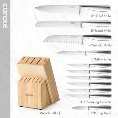 CAROTE 12 Pieces Knife Set, Stainless Steel Kitchen knife Set with Wooden Block, Block Knife Set with High Carbon Steel Blades, Razor-Sharp, Dishwasher Safe - Image 2