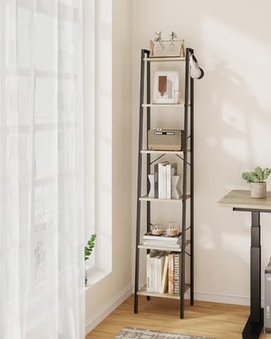 Hzuaneri Ladder Shelf, Bookshelf Bookcase, Freestanding Corner Storage Shelve with 2 Hooks for Home Office, Living Room, Kitchen, Bedroom, Industrial, 6-Tier Greige BC13305B - Image 8