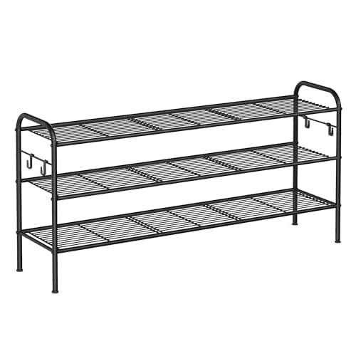 SONGMICS Shoe Rack, 3-Tier Shoe Organizer, Metal Shoe Shelf Storage with 4 Side Hooks, Holds 18 Pairs of Shoes, Height-Adjustable Shoe Rack for Entryway, Hallway, Closet, Easy Assembly, Ink Black - Image 1