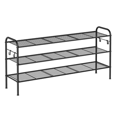 SONGMICS Shoe Rack, 3-Tier Shoe Organizer, Metal Shoe Shelf Storage with 4 Side Hooks, Holds 18 Pairs of Shoes, Height-Adjustable Shoe Rack for Entryway, Hallway, Closet, Easy Assembly, Ink Black - Image 1