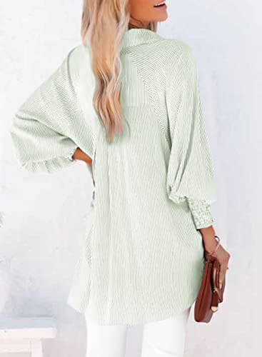 Womens Smocked Cuffed Striped Boyfriend Shirt Casual Collar Long Sleeve Oversized Button Down Blouse Tops with Pocket Shirred Light Green - Image 2