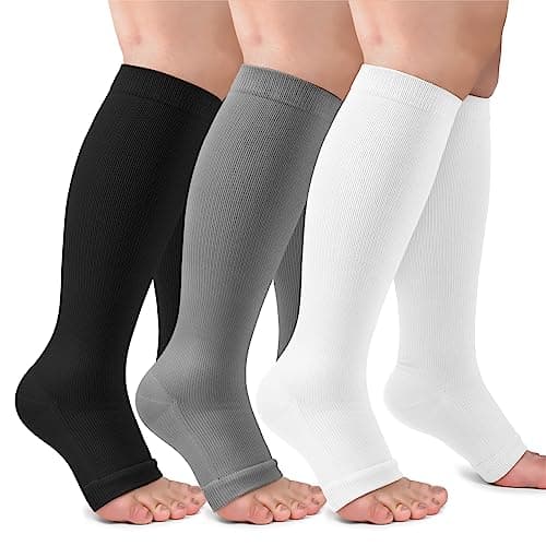 3 Pack Plus Size Open Toe Compression Socks for Women & Men Wide Calf, Toeless Knee High Stockings for Circulation Support, Black White Gray XX-Large - Image 1
