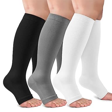 3 Pack Plus Size Open Toe Compression Socks for Women & Men Wide Calf, Toeless Knee High Stockings for Circulation Support, Black White Gray XX-Large - Image 1