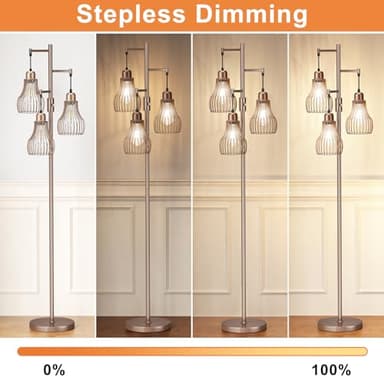 Ziisee Dimmable Floor Lamps for Living Room, Industrial Tree Standing Tall Lamps with 3 Elegant Cage Shade & 800 Lumens LED Bulbs for Bedroom Office - Brown - Image 5