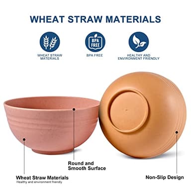 HOTEC BPA Free Unbreakable Wheat Straw Cereal Bowls - Microwave & Dishwasher Safe Soup and Salad Bowls, Set of 8, 26oz, Multicolor - Image 3