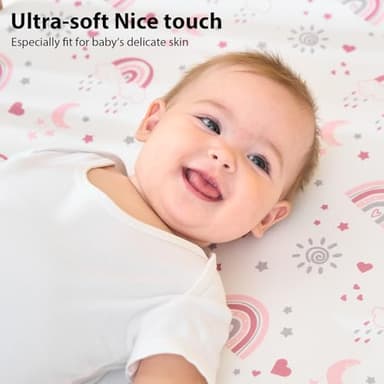FIEMOL Baby Mini Crib Sheets Girl, Portable 38”x26” Pack and Play Sheets Fitted for Playard and Pack N Play Mattress, 3-Pack Soft Microfiber Pink Rainbow - Image 2