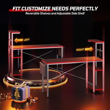 Bestier Gaming Desk with Power Outlets, 61 Inch Large Led Gamer Desk with 4 Tiers Reversible Shelves, PC Gaming Table with Headset Hook & Side Storage Bag for Bedroom (Black 3D Carbon Fiber) - Image 4