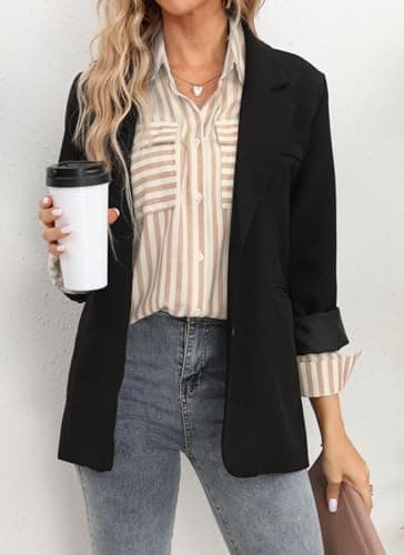 OMSJ Women's Striped Button Down Shirts Casual Long Sleeve Stylish V Neck Blouses Tops with Pockets (S, Brown) - Image 2