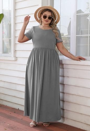 Nemidor Plus Size Maxi Dresses for Curvy Women Summer Casual Loose Short Sleeve Long Beach Dress with Pocket(149,18,Grey) - Image 5