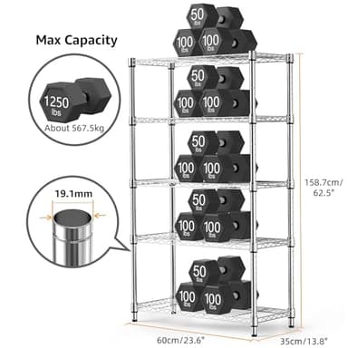 M MZG 1250 lbs Steel Heavy Duty 5-Tier Utility Shelving Unit Steel Organizer Wire Rack for Home,Kitchen,Office,Chrome (13.7" D x 23.6" W x 62.4" H) - Image 3