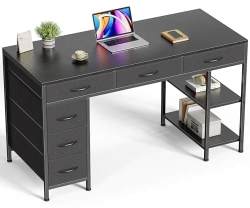 Huuger Computer Desk with 6 Drawers, 47 Inch Office Desk with Shelves, Reversible Gaming Desk, Corner Desk with Storage, Work Desk for Home Office, Study, Living Room, Black - Image 1