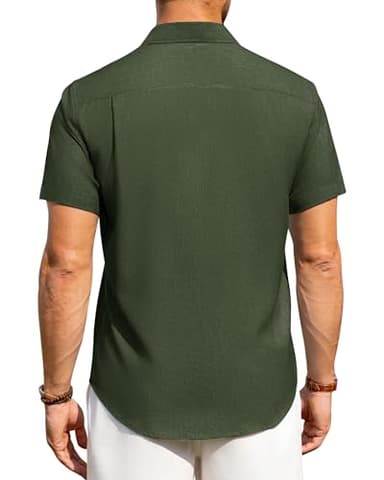 Alimens & Gentle Mens Linen Shirts Short Sleeve Button Down Shirts Wrinkle Free Casual Vacation Beach Summer Tops,Olive Green,L - Image 4