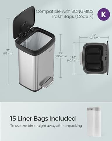 SONGMICS Kitchen Trash Can, 13 Gallon (50 L) Stainless Steel Garbage Can, with Stay-Open Lid and Step-on Pedal, Soft Closure, Tall, Large and Space-Saving, Silver and Black ULTB530E50 - Image 4