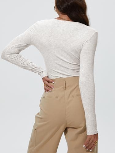 iGENJUN Women Ribbed Long Sleeve Bodysuit Invisible Zip Up Crew Neck Body Suit, Heather Grey, M - Image 3