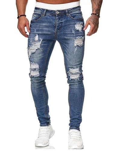 HUNGSON Men's Blue Slim Fit Jeans Stretch Destroyed Ripped Skinny Jeans Side Striped Denim Pants(LBlue,34) - Image 1