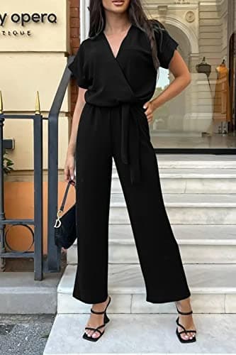 PRETTYGARDEN Women's One Piece Jumpsuits Dressy Casual Summer Short Sleeve Wrap V Neck Belted Wide Leg Pants Romper (Black,Medium) - Image 7
