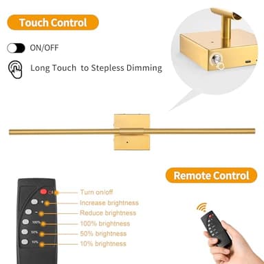 Morauroral Gold Battery Operated Wall Sconces, Dimmable Wall Sconces with Remote Control, Rechargeable Sconces Wall Lighting, 24″ LED Wireless Wall Lights for Bedroom, Living Room, Bathroom, Hallways - Image 8