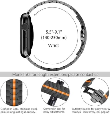 Wingle Stainless Steel Bands for Apple Watch Band Ultra 3/2/1 Band Ultra 49mm Series 11 10 46mm 45mm 44mm 42mm SE 3/2/1 Series 9 8 7 6 5 4 3 Men, Classy Business Rugged Metal iWatch Bands,Black/Orange - Image 7
