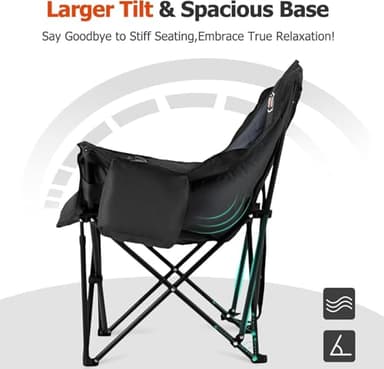 Overmont Oversized XL Camping Chair for Adults - 400lbs Support Heavy-Duty Padded Folding Chair with Side Pocket Cup Holder Cooling Bag for Outdoor Sports Garden Beach Fishing Lawn Black - Image 8