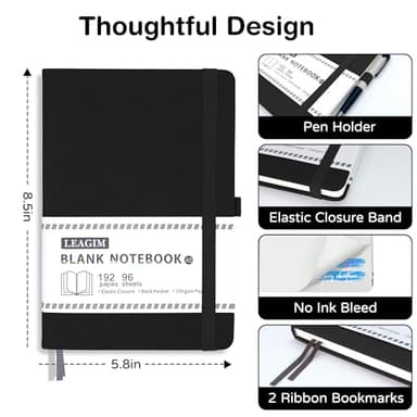 LEAGIM Blank Journal Notebook, A5, 192 Pages 100 GSM Thick Sketch Book for Women Men, Hardcover Leather Unlined Journaling for Work, Notebooks for Writing, 5.8 inches x 8.5 inches (Black) - Image 3