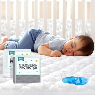 2 Pack Crib Mattress Protector Sheets, Fitted Waterproof Mattress Pad Cover, Noiseless & Machine Wash 100% Absorbent Crib/Toddler Mattress Protector Sheet Quilted, White & Gray, 52" x 28" - Image 1