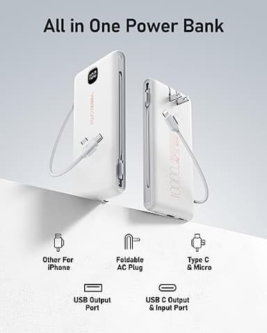 VEEKTOMX Portable Charger with Built in Cables 10000mAh, Power Bank for iPhone with Wall Plug, Travel Essential Fast Charging USB C Slim External Battery Pack for iPhone 17/16/15, Samsung, iPad, etc - Image 3