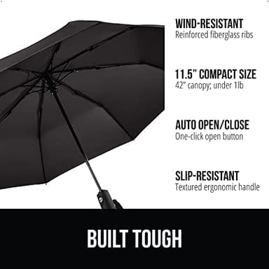 GORILLA GRIP Strong Stick Umbrella for Rain, Compact Travel One-Click Automatic Open Close, Lightweight, Portable, US Designed Reinforced Fiberglass Ribs, Wind Resistant, Easy Collapse, Black - Image 2