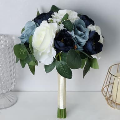 DIYDOFUN Set of 6 Navy & Dusty Blue Silk Bridesmaid Bouquets, 11 Inch Round Artificial Flower Arrangements for Wedding Decorations - Image 2