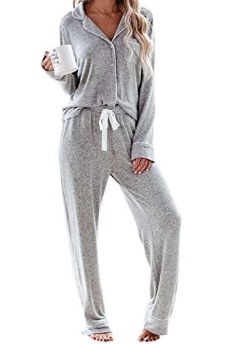 Aamikast Women's Two-piece Classic knit Pajama Sets Long Sleeve Button Down Sleepwear (S, Light Gray) - Image 1