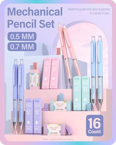 Four Candies Cute Mechanical Pencil Set, 6PCS Pencils 0.5 mm & 0.7mm with 360PCS Lead Refills, Pastel Erasers, Case for School Supplies - Image 9