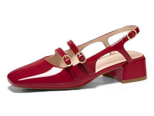 Coutgo Womens Mary Jane Chunky Low Heels Slingback Pumps Closed Square Toe Wedding Dress Shoes, Red, Size 7.5 - Image 1