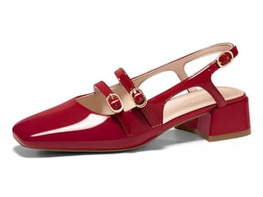 Coutgo Womens Mary Jane Chunky Low Heels Slingback Pumps Closed Square Toe Wedding Dress Shoes, Red, Size 7.5 - Image 1