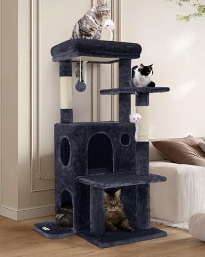 Globlazer Cat Tree Tower for Indoor Cats, 50-inch Adult Cat Tree House for Large Adult Cats with Steps, Scratching Post, 2 Cat Caves, Dangling Toys, FC50, Dark Grey - Image 1