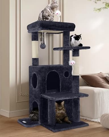 Globlazer Cat Tree Tower for Indoor Cats, 50-inch Adult Cat Tree House for Large Adult Cats with Steps, Scratching Post, 2 Cat Caves, Dangling Toys, FC50, Dark Grey - Image 1