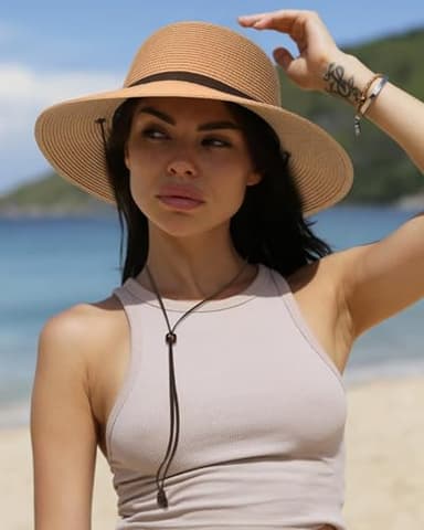 FURTALK Womens Wide Brim Sun Hat with Wind Lanyard UPF Summer Straw Sun Hats for Women Khaki - Image 6