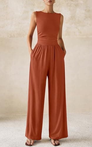 PRETTYGARDEN One Piece Jumpsuits for Women Dressy Casual Sleeveless Crewneck Wide Leg Rompers Jumpers 2025 Vacation Summer Outfits(Brick Red, M) - Image 4