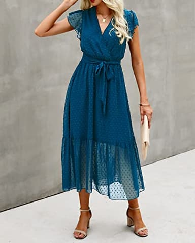 BTFBM Women Summer Bohemian Floral Casual Wrap V Neck Ruffle Cap Sleeveless Belt A-Line Pleated Hem Swing Midi Sun Dress (Swiss Dot Lake Blue, l) - Image 2
