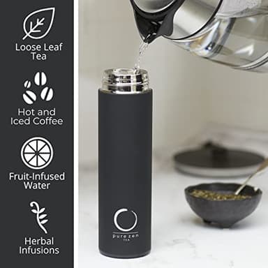 Pure Zen Tea Thermos with Infuser for Hot and Cold Infusions, Coffee and Fruit-Infused Water - Stainless Steel - Tea Infuser Bottle - Leakproof Travel Mug with Filter - 15oz - Black - Image 4