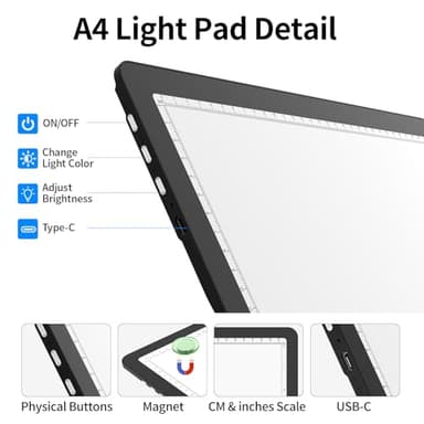 TOHETO Rechargeable A4 Light Board with Stand, Super Bright Magnetic Light Pad with Side Buttons, Wireless Light Box for Tracing and Drawing, Cordless LED Light Table for Diamond Painting, Sketching - Image 7