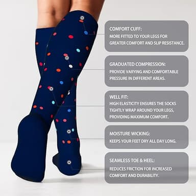 LEVSOX Cotton Compression Socks for Women&Men 20-30 mmHg Knee High Cute Fun Crazy Support Sock for Nurses, Travel and Flight, Pregnancy, 2 Pairs, Black and Navy Blue Polkadot - Image 2