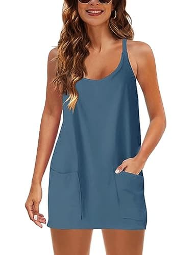 Lentta Womens Athletic Sleeveless Mini Dress with Built-in Shorts V Neck Spaghetti Strap Sundress(Navy-S) - Image 3