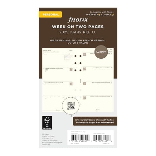Filofax Calendar Diary Refill, Personal/Compact Size, Week-to-View, Cotton Cream Paper, Unruled, Multilingual: Five Languages, 2025 (C68413-25) - Image 1