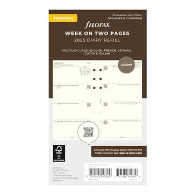 Filofax Calendar Diary Refill, Personal/Compact Size, Week-to-View, Cotton Cream Paper, Unruled, Multilingual: Five Languages, 2025 (C68413-25) - Image 1