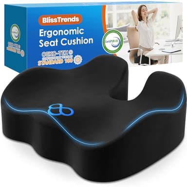 BlissTrends Seat Cushion,Thick Memory Foam Cushions for Office Chair, Car Seat, Airplane, Relieving Pressure Tailbone Sciatica Back Pain for Long Sitting Office Workers, Car Drivers 4.7in Thick Black - Image 1