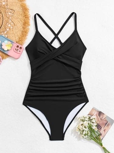 B2prity Women's One Piece Swimsuits Tummy Control Front Cross Bathing Suits Tie Back Slimming V Neck Swimwear(Black) - Image 5