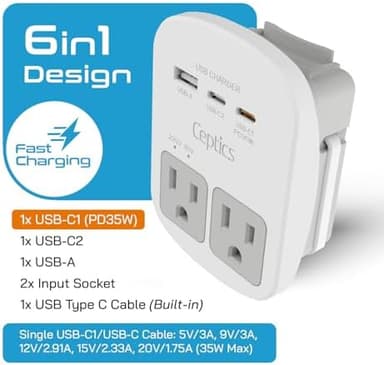Ceptics 35W Universal Travel Adapter Kit – 2 USA sockets, USB-A, USBC, 1x PD 35W USB-C and USBC Cable, Surge Protected, Plugs for EU, UK, China, AU, Japan - for Laptop, Phone, Camera-ETL Tested - Image 4
