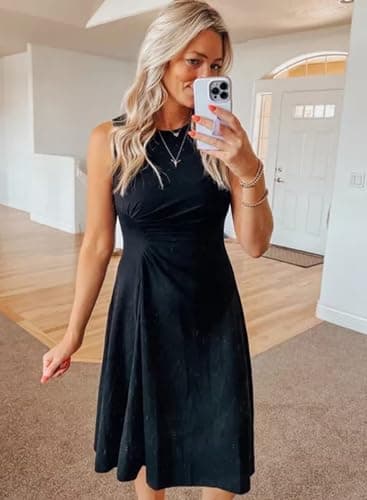Happy Sailed Women's Cocktail Dresses Summer Sleeveless Crew Neck High Waist Pleated Ruched Waist Slim Fit A Line Wedding Guest Cocktail Party Dress Black Medium - Image 5