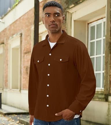 hawalili Mens Corduroy Jacket Shirts Long Sleeve Button Down Shacket Jacket with Flap Pockets Brown X-Large - Image 3