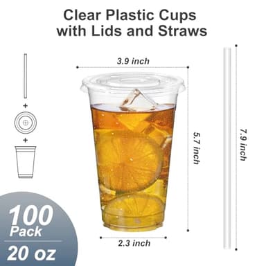 Dealusy 100 Pack - 20 oz Clear Plastic Cups with Lids and Straws, Sturdy & Food Safe Iced Coffee Cups with lids, Disposable Plastic Smoothie Cups for Cold Drinks - Image 2